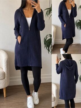Cashmere Cashmere 100% Cashmere Longline Zip Hoodie Cardigan Navy Size L